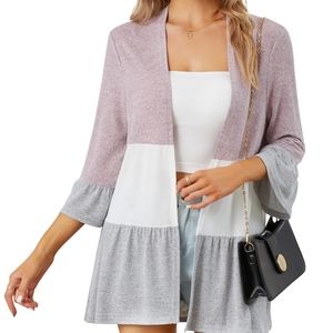 🆕️JoyJoy Light Knitted Color Block Ruffles Open Front Cardigan SZ Large